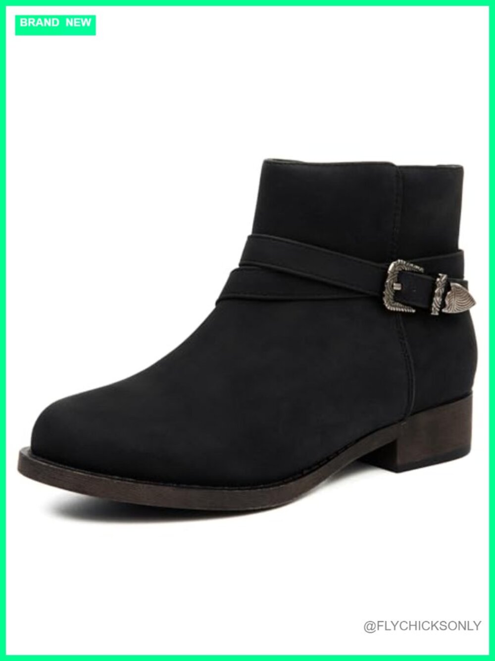 Western Ankle Booties Low Chunky Heel Faux Leather Side Zip Buckle